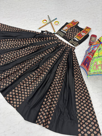 Black Printed Navratri Lehenga with Colorful Koti
