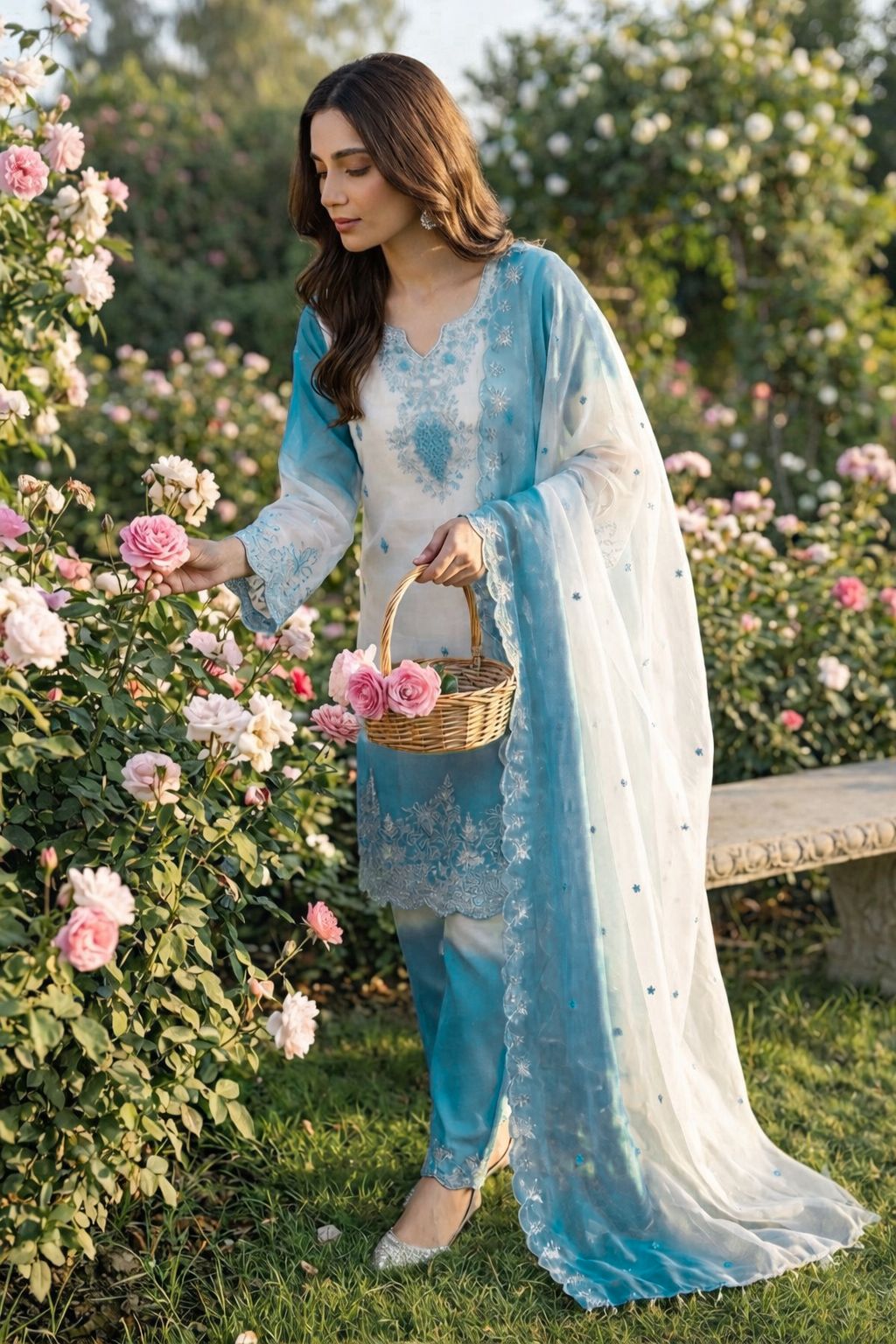 Sky Blue Embroidered Designer Suit Set With Dupatta