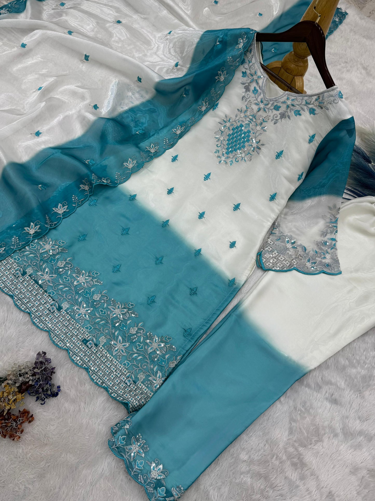Sky Blue Embroidered Designer Suit Set With Dupatta