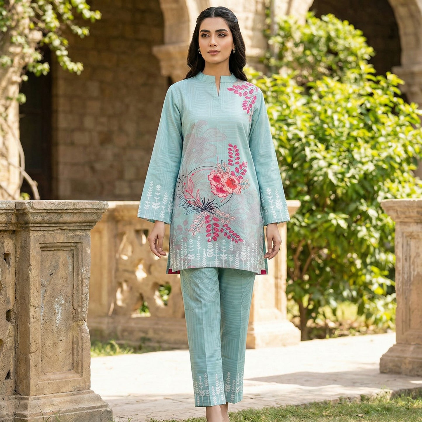 Sky Blue Linen Cotton Co-ord Set with top and pants in linen cotton fabric