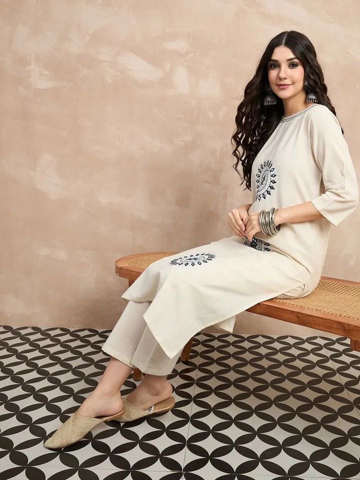 Office wear ivory kurta pant set with blue embroidery and comfortable fit