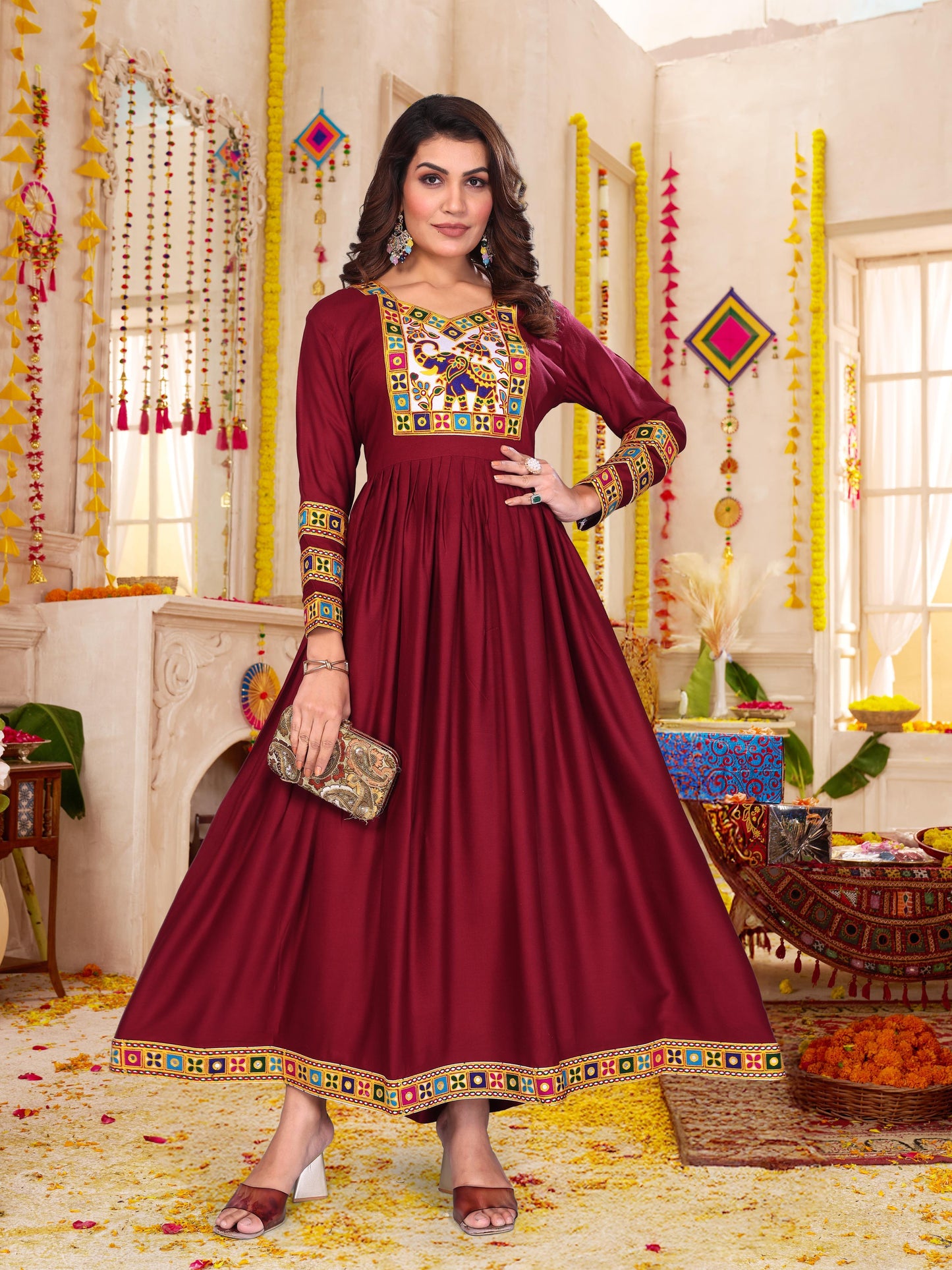 Red Ghumar Long Frill Gown