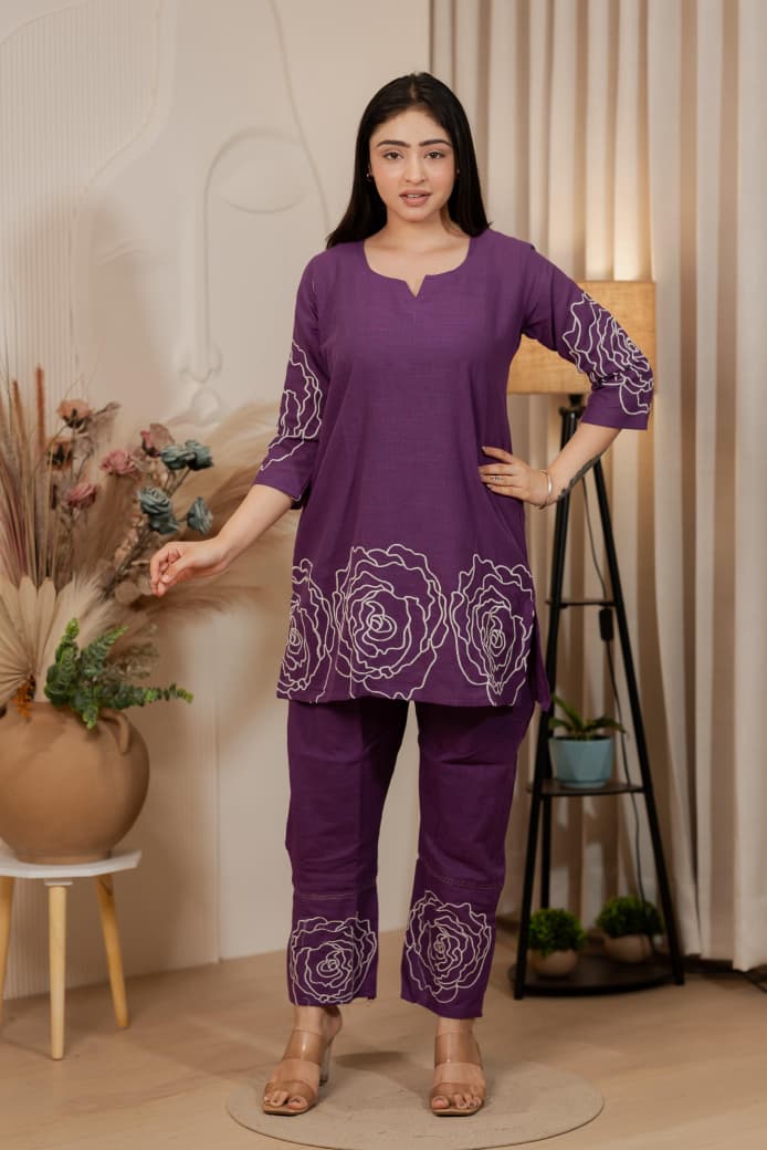 Purple Stylish with Thread work Cord Set