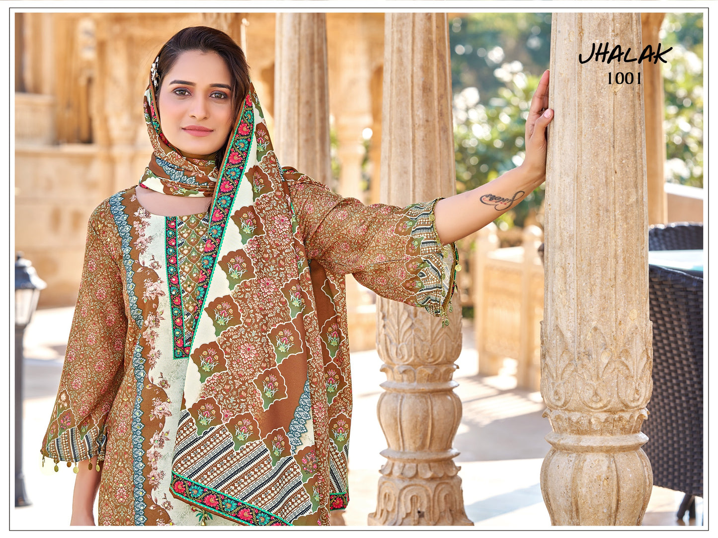 Satin Print Mirror Work Top Palazzo Dupatta Set