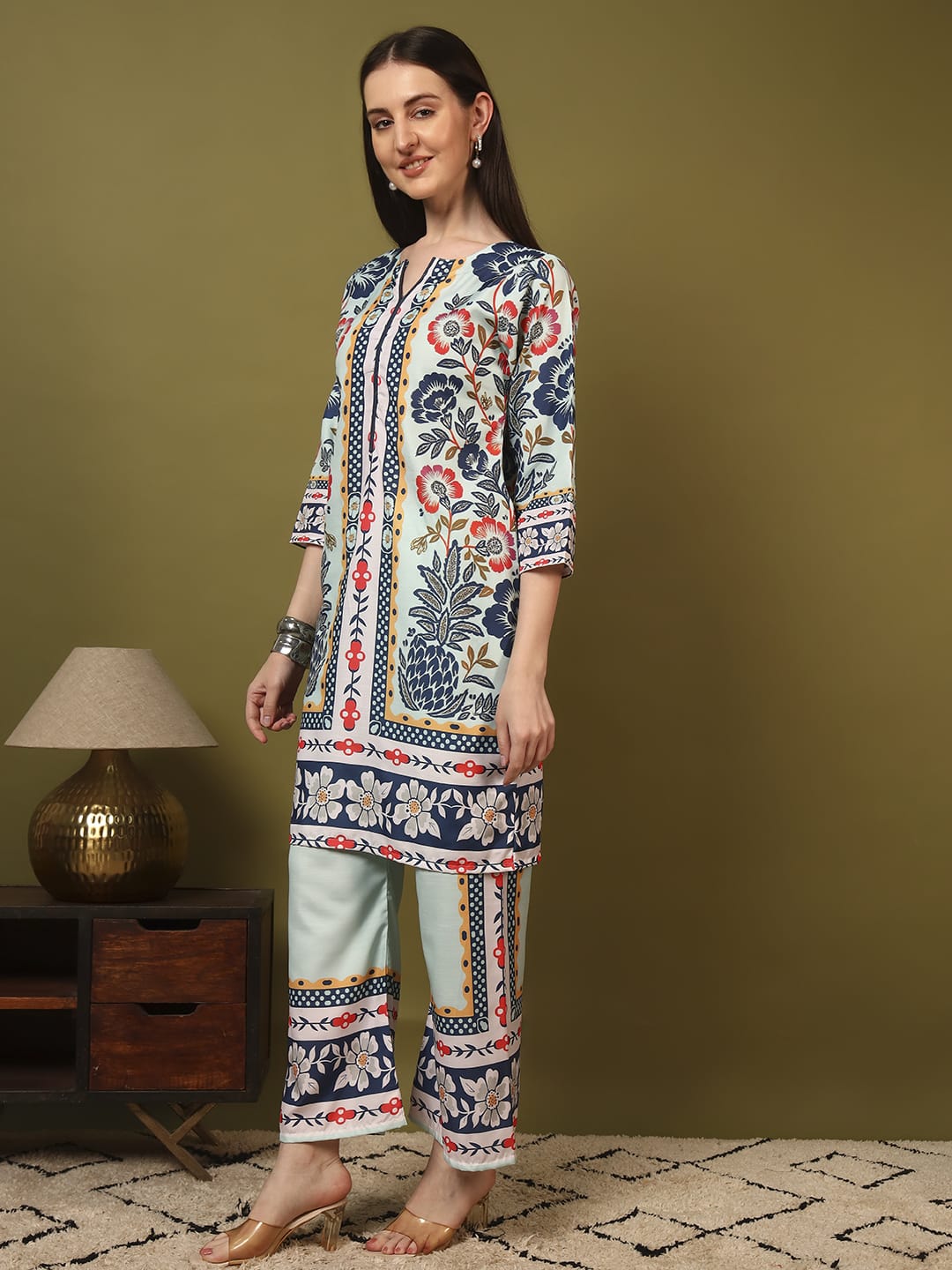 Premium Pista Green Printed Ethnic Kurti Co-Ord Set