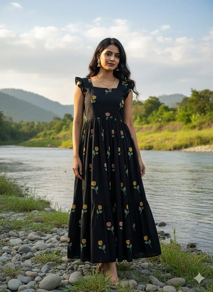 Black Embroidery Cotton One Piece Dress