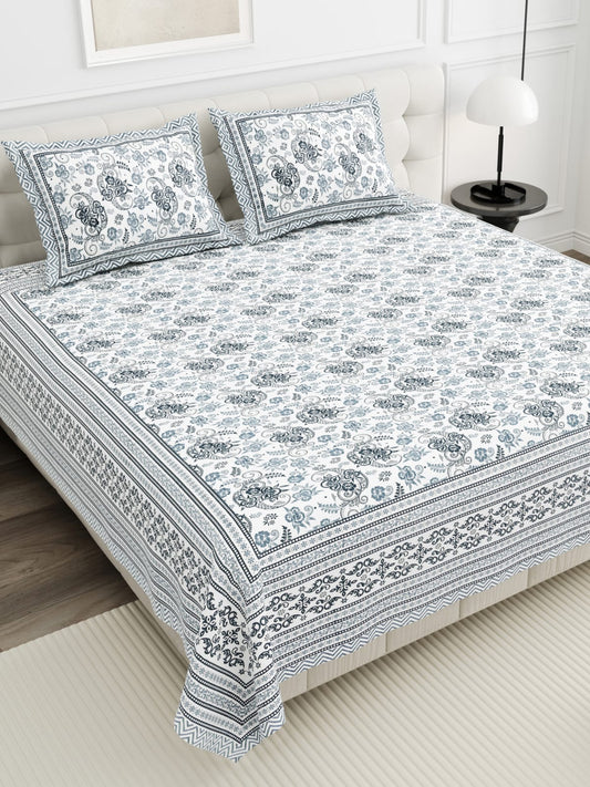 Grey Floral Cotton Bedsheet With Border Print