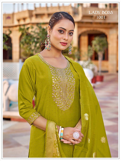 Premium Green Embroidery Vertican Silk Kurti Pant Set With Dupatta