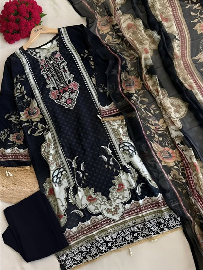 Black pure cotton Pakistani suit with heavy patch work and semi lawn bottom