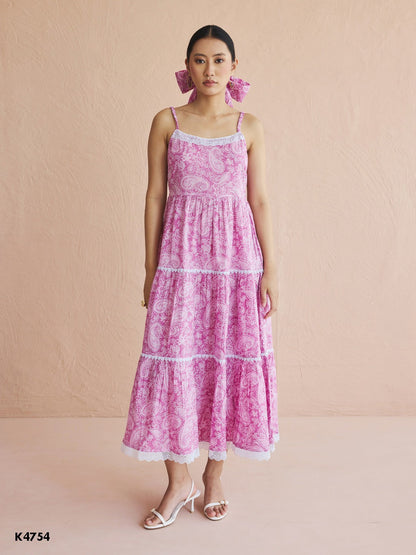 Pink three layer flared cotton midi dress with embroidery work