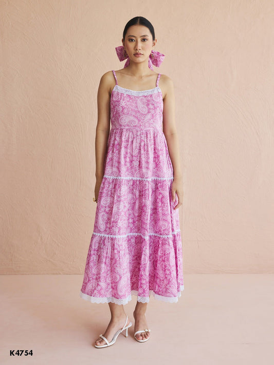 Pink three layer flared cotton midi dress with embroidery work