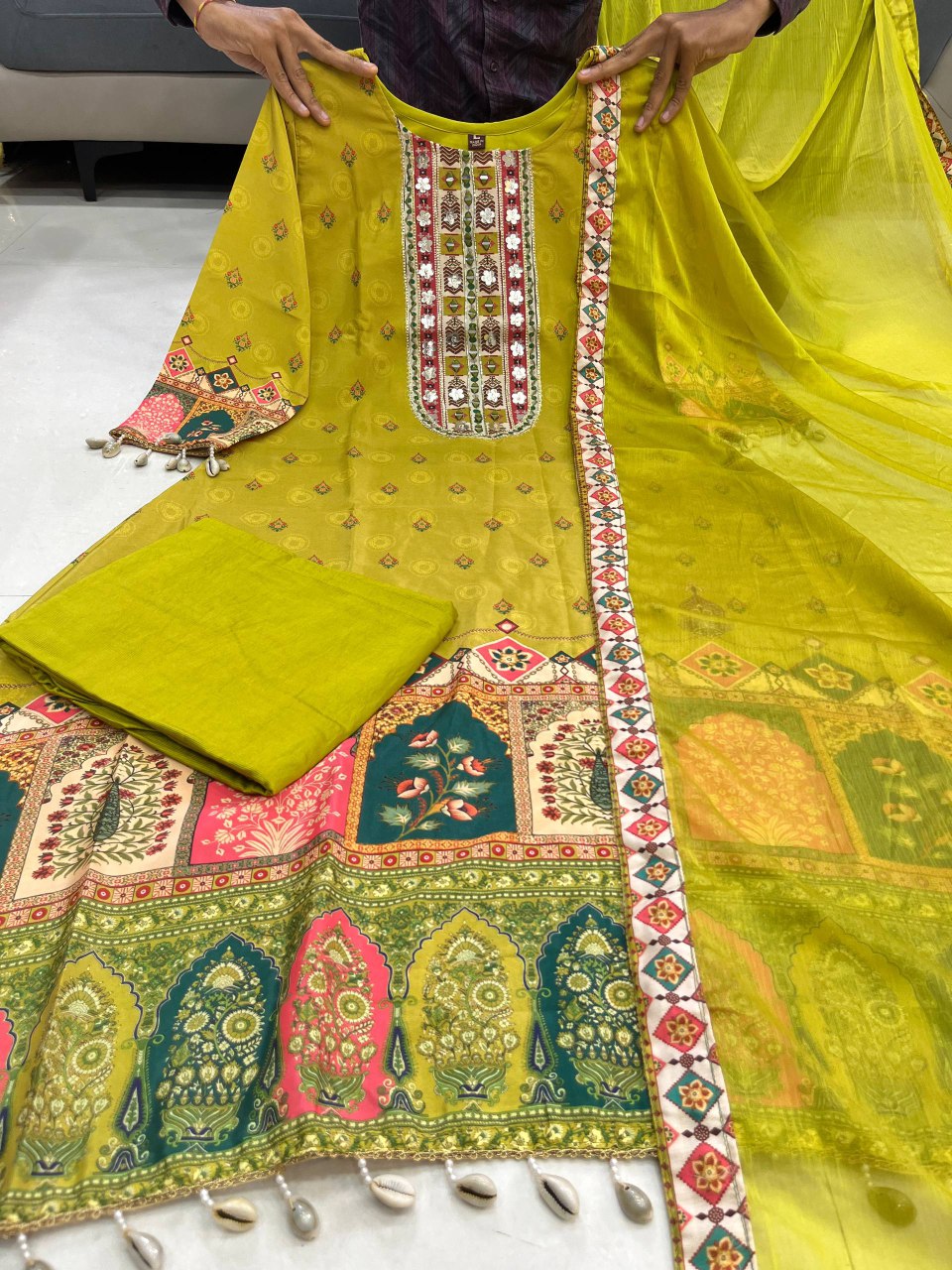 Pure Chinon Parrot Ready Made Palazzo Suit Set