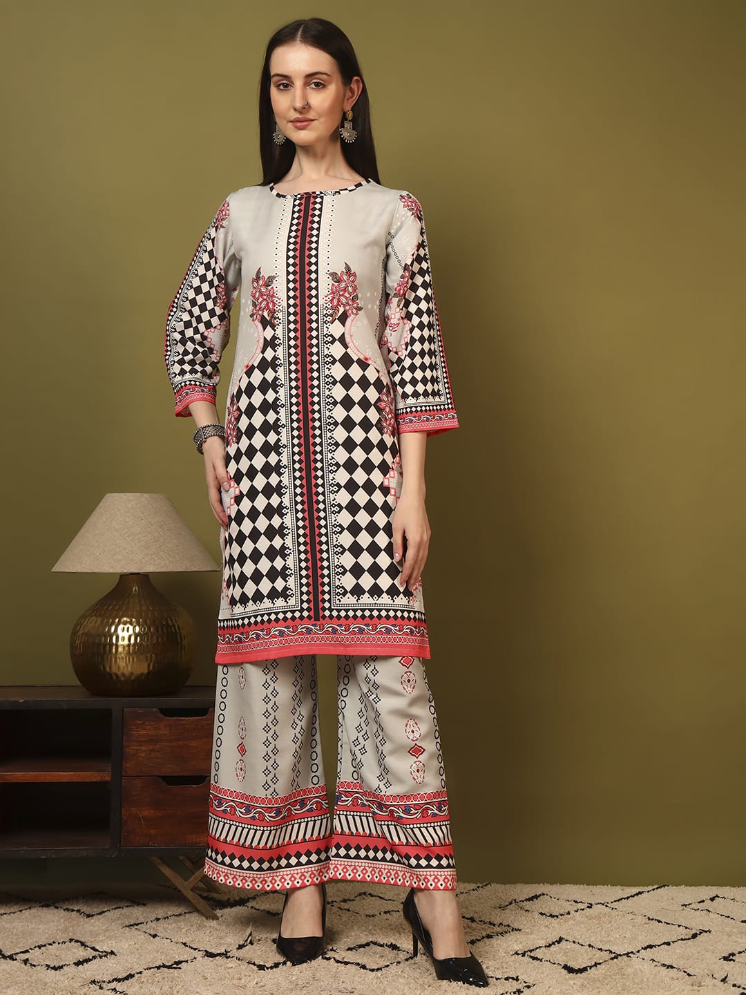 Designer Black White & Red Printed Cotton Co-Ord Set for Women