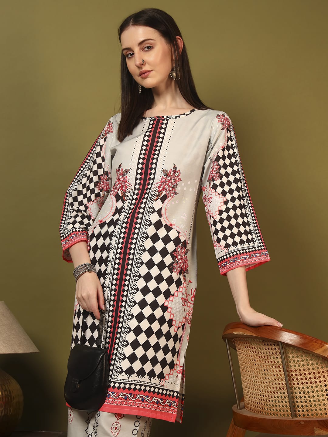 Designer Black White & Red Printed Cotton Co-Ord Set for Women