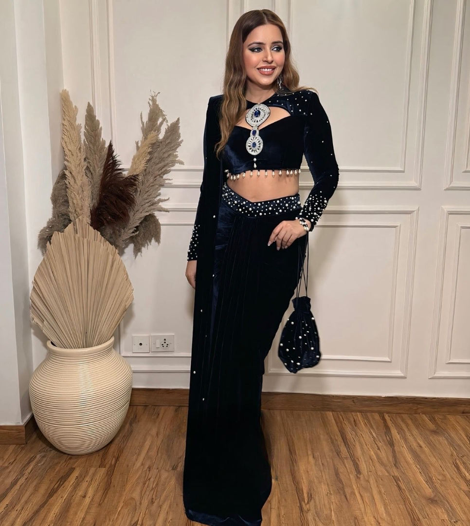 Nevy Blue Premium Velvet Indo Western Saree