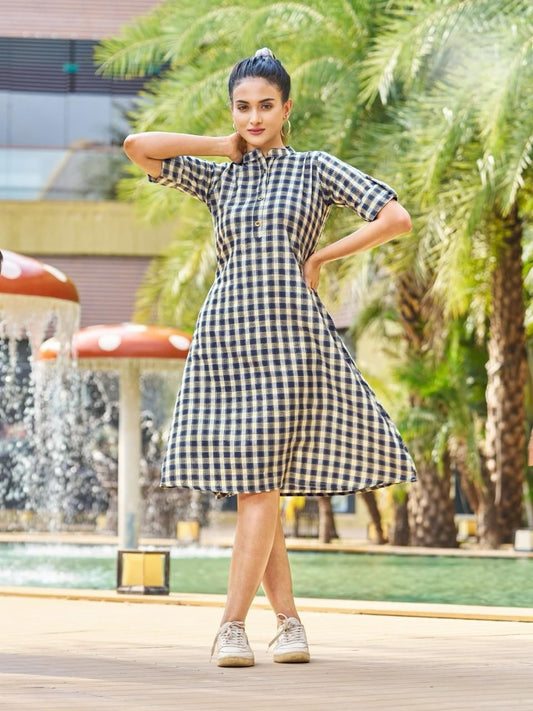Premium Blue Check Pattern Knee-Length One-Piece Dress
