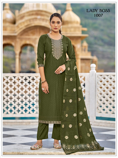 Green Vertican Silk Kurti Pant Set With Embroidery Work