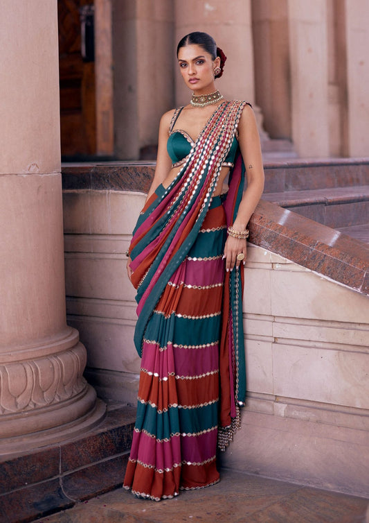 Bollywood Style Faux Georgette Mirror Work Designer Saree