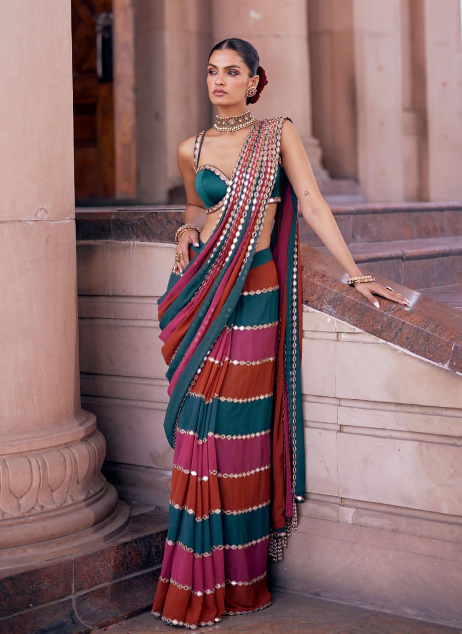 Bollywood Style Faux Georgette Mirror Work Designer Saree