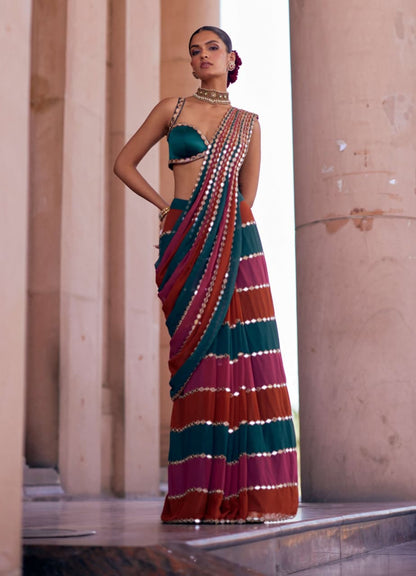 Bollywood Style Faux Georgette Mirror Work Designer Saree