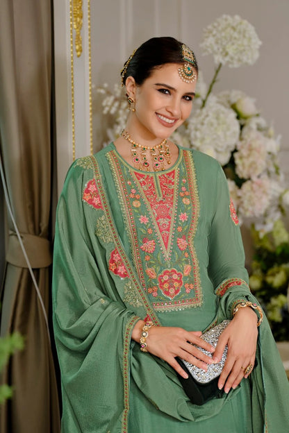 Green Chinon Silk  Embroidery Work Palazzo Suit