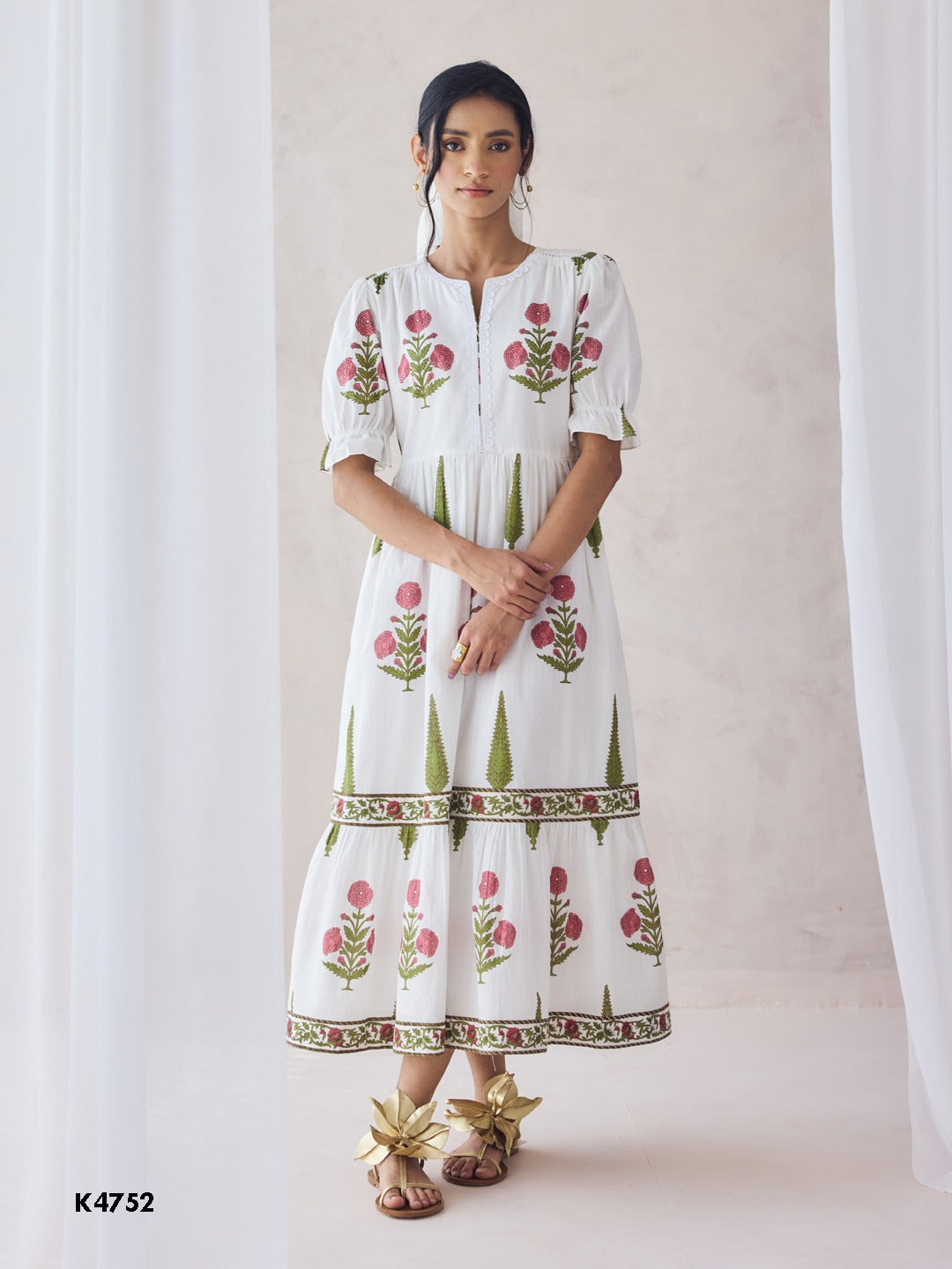 Floral print white cotton long kurti dress with embroidery work