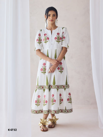 Floral print white cotton long kurti dress with embroidery work