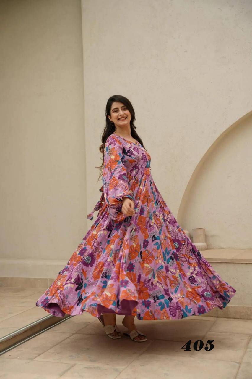 Lavender Multicolor Floral Print Gown