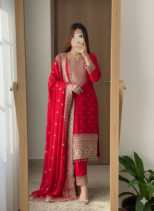 Eid Special Red Suit Set With  Embroidery Work