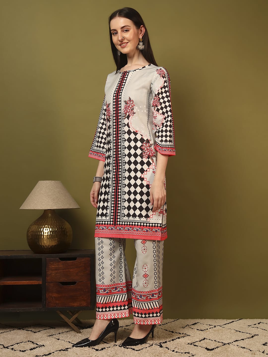 Designer Black White & Red Printed Cotton Co-Ord Set for Women