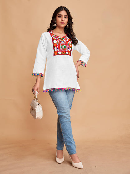 White Cotton Top with Vibrant Embroidery