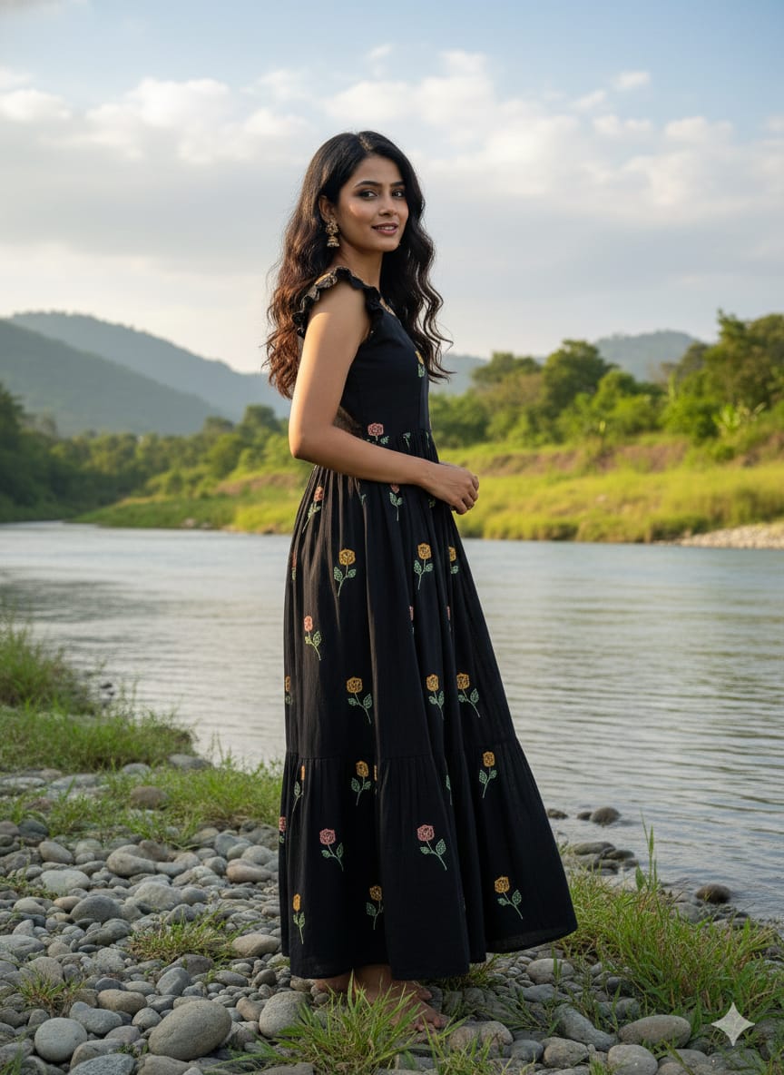 Black Embroidery Cotton One Piece Dress
