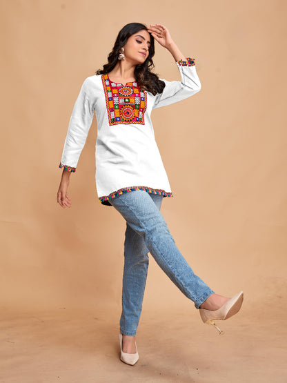 White Cotton Top with Vibrant Embroidery