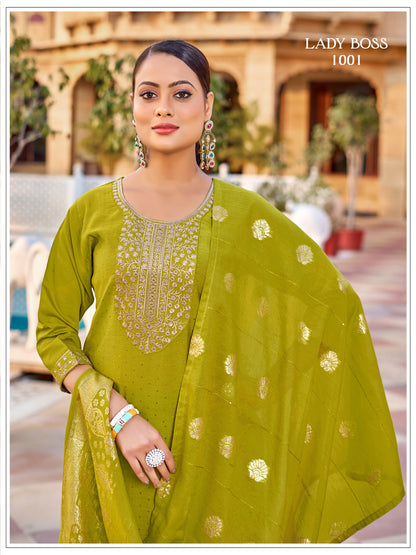 Premium Green Embroidery Vertican Silk Kurti Pant Set With Dupatta