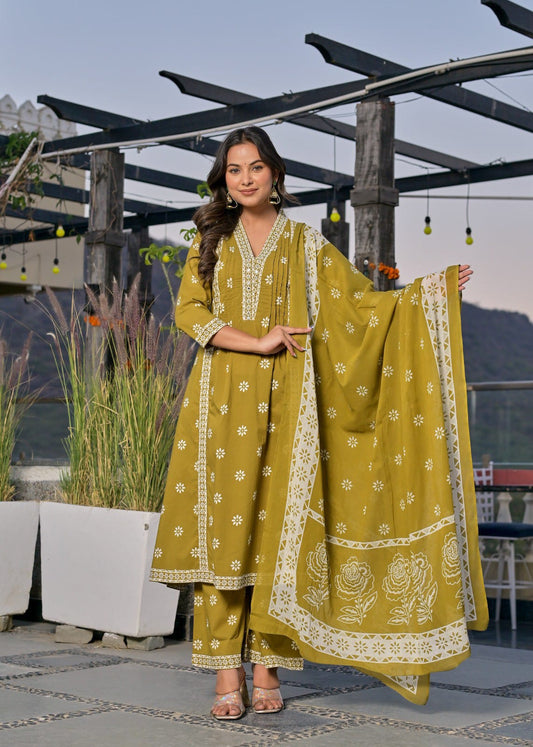 Pure Cotton Yellow Kurti Pant Set With Dupatta