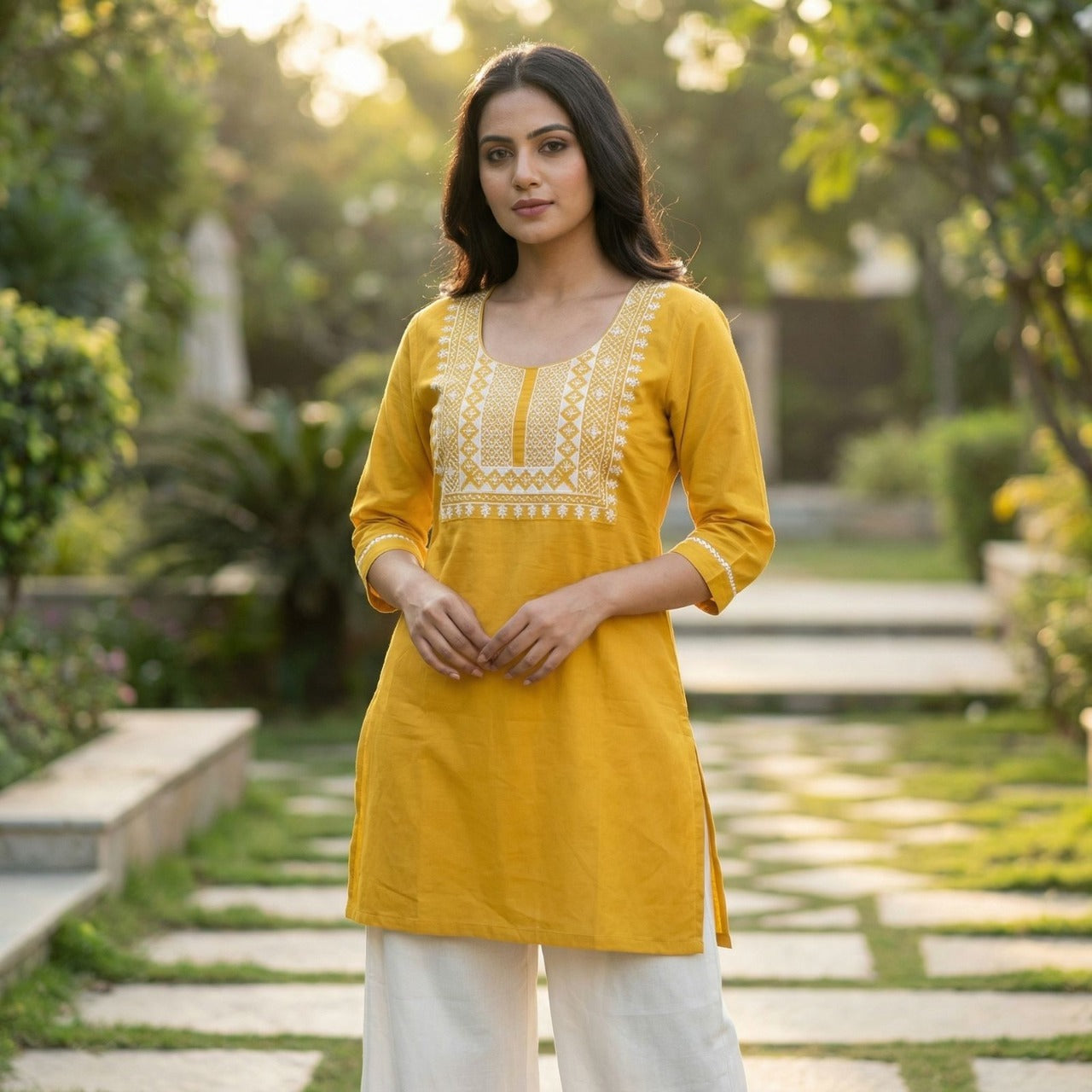 Women’s Mustard Rayon Kurta with White Thread Embroidery