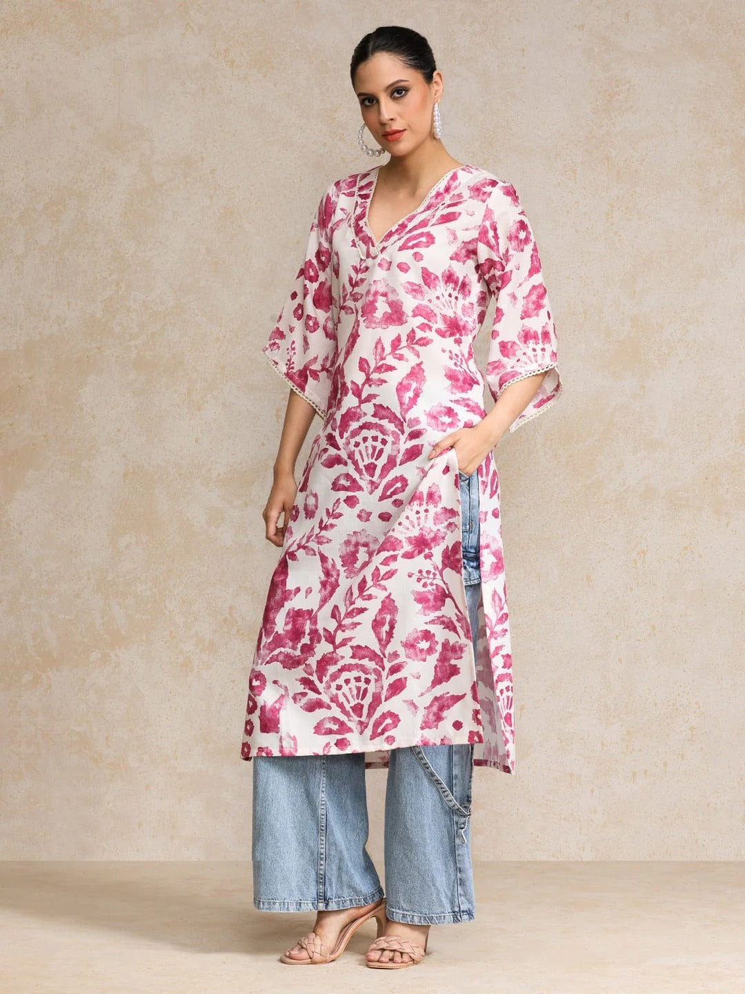 Designer Floral Print Pink Kurti