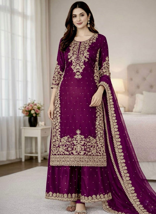 Gmy Silk With Heavy Embroidery Coding Sequence Work Suit