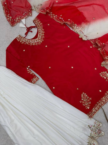 Red Natural French Crepe Sharara Suit