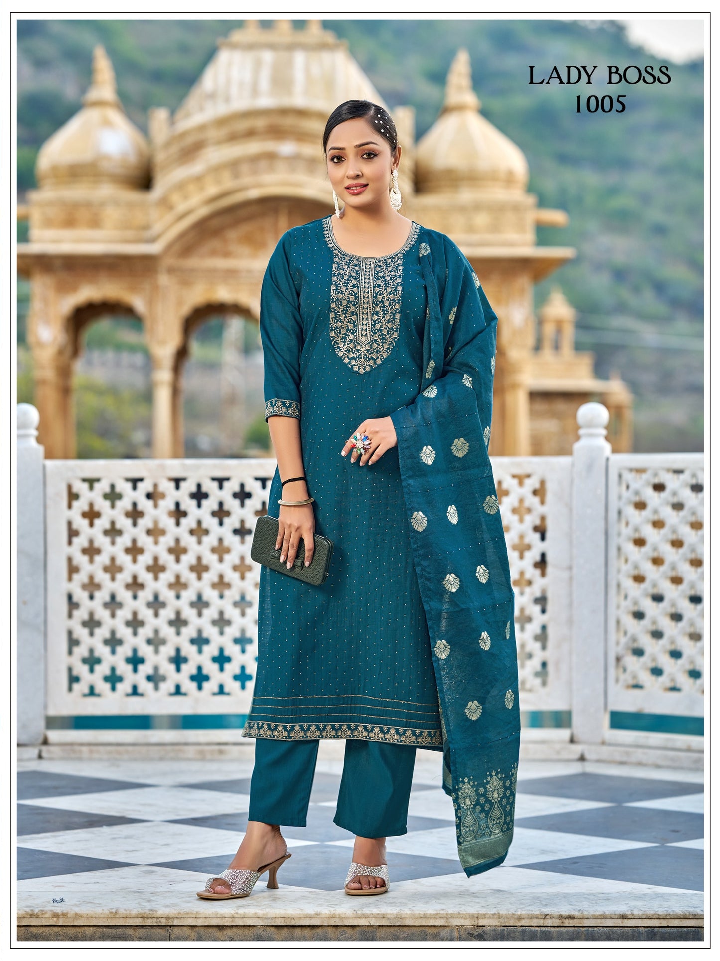Vertican Silk Teal Blue Kurti Set With Jarkan Work