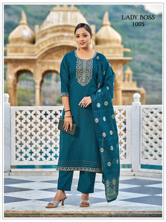 Vertican Silk Teal Blue Kurti Set With Jarkan Work