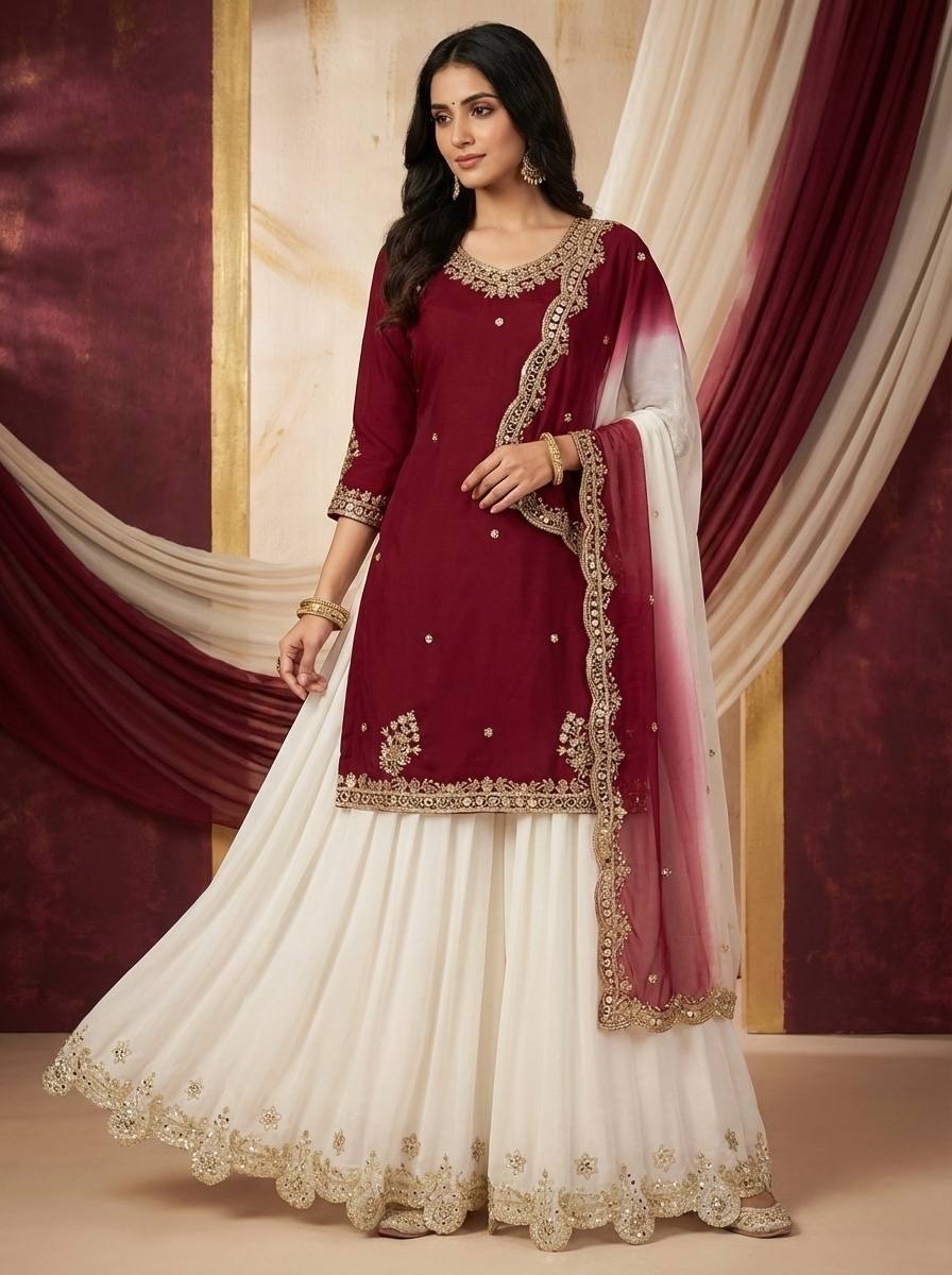 Blue And White Combination Crepe Plazzo Suit