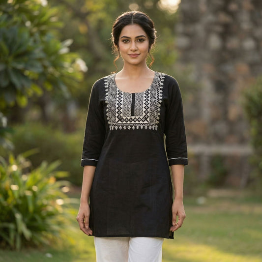 Black Straight Kurta with Traditional Embroidery