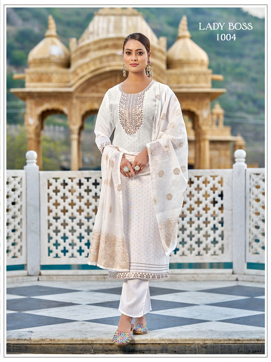 White Kurti Dupatta Set With  Chiku Embroidery Sequence Work