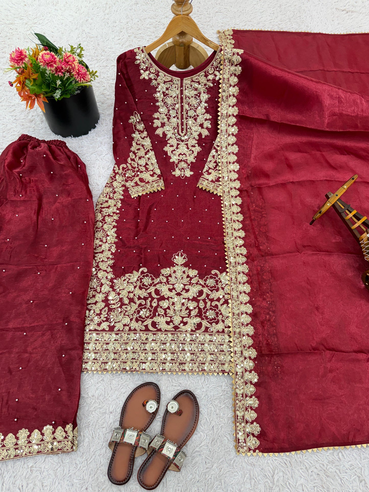 Pure Gmy Silk Red Embroidery Suit Set