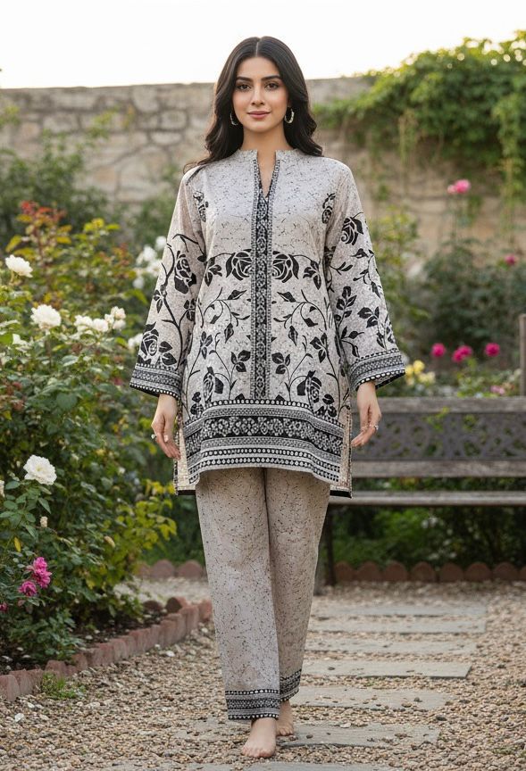 Grey linen co-ord set with black floral print made of linen cotton in sizes L to XXL