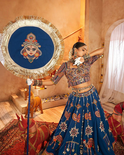 Navy Blue Muslin Cotton Lehenga Choli