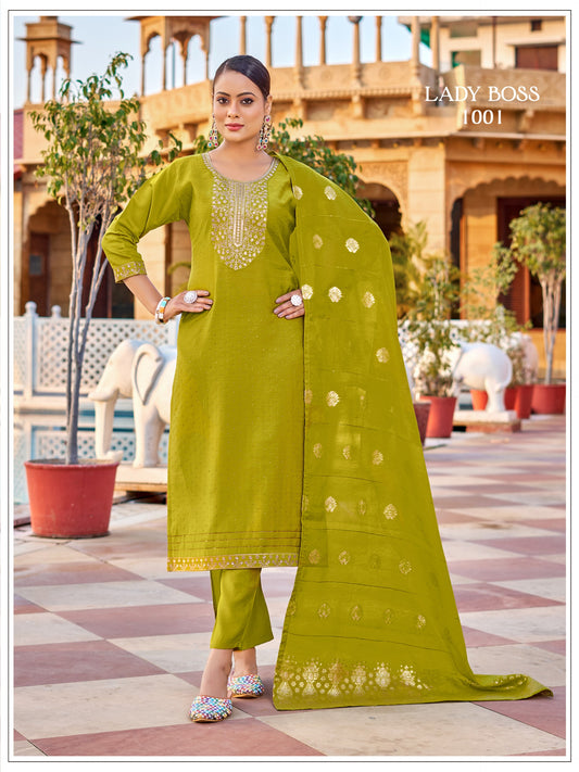 Premium Green Embroidery Vertican Silk Kurti Pant Set With Dupatta