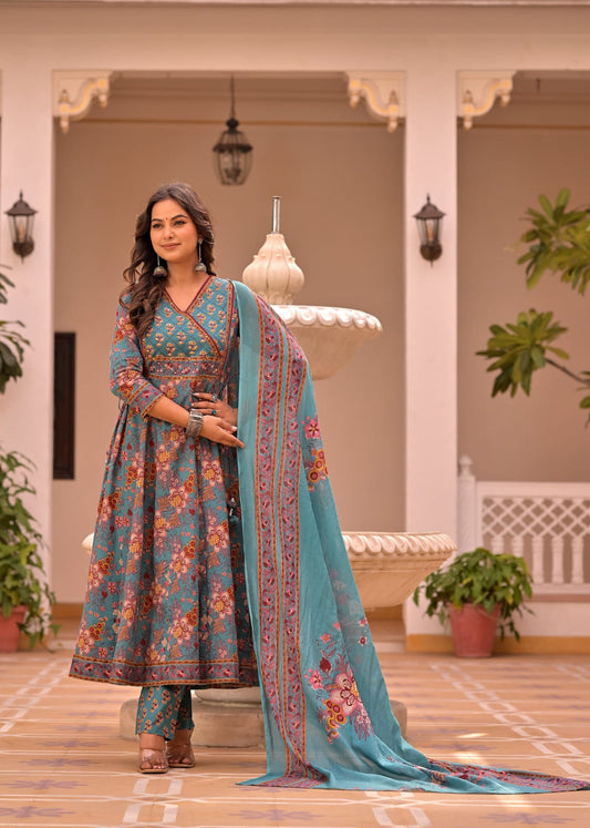 Teal Floral Printed Anarkali Kurti Set With Dupatta