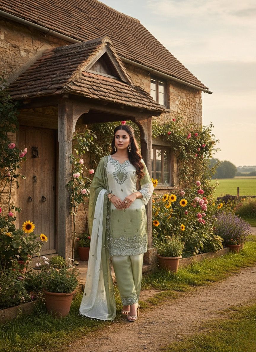 Green Gmy Silk With Embroidery Work Suit Set